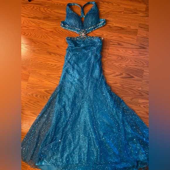 Vintage Y2K Dress Sequin Beaded Gown Slip Dress Cut Out Prom Dress Backless Blue - Picture 16 of 16